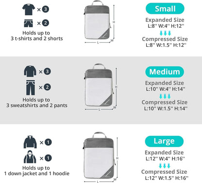 7 Set Compression Packing Cubes for Travel - Compressible, Lightweight, and Space-Saving Packing Cubes, Travel Essentials for Women, Grey