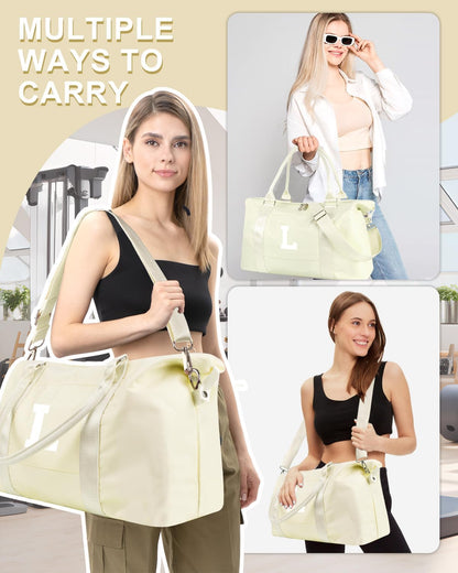 Initial Travel Duffel Bag Sports Gym Bag for Kids Teen Birthday Gifts,Beige Personalized Weekender Bag Carry On Dance Bags for Women Men,Waterproof Monogram Overnight Bag with Trolley Sleeve(Letter L)