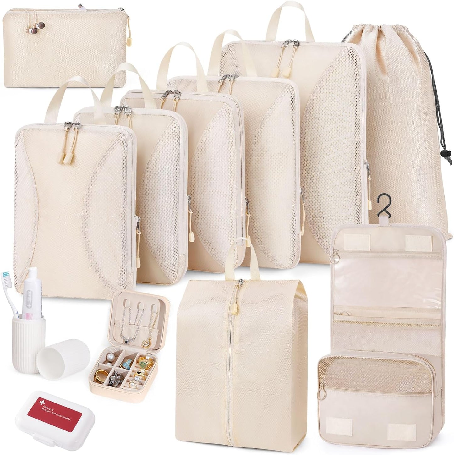 Compression Packing Cubes 12 Set, Suitcase Organizers, Extendable Packing Cubes, Luggage Organizer Bags, Travel Essentials, Beige