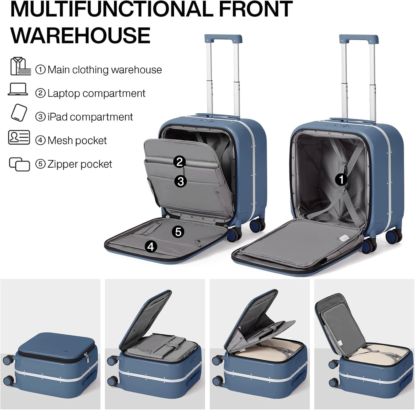 mixi Carry On Luggage, 18” Suitcase with Front Laptop Pocket, Travel Luggage Aluminum Frame PC Hardside with Spinner Wheels & TSA Lock and Cover (Not for Underseat), Sapphire Blue