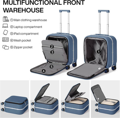 mixi Carry On Luggage, 18” Suitcase with Front Laptop Pocket, Travel Luggage Aluminum Frame PC Hardside with Spinner Wheels & TSA Lock and Cover (Not for Underseat), Sapphire Blue