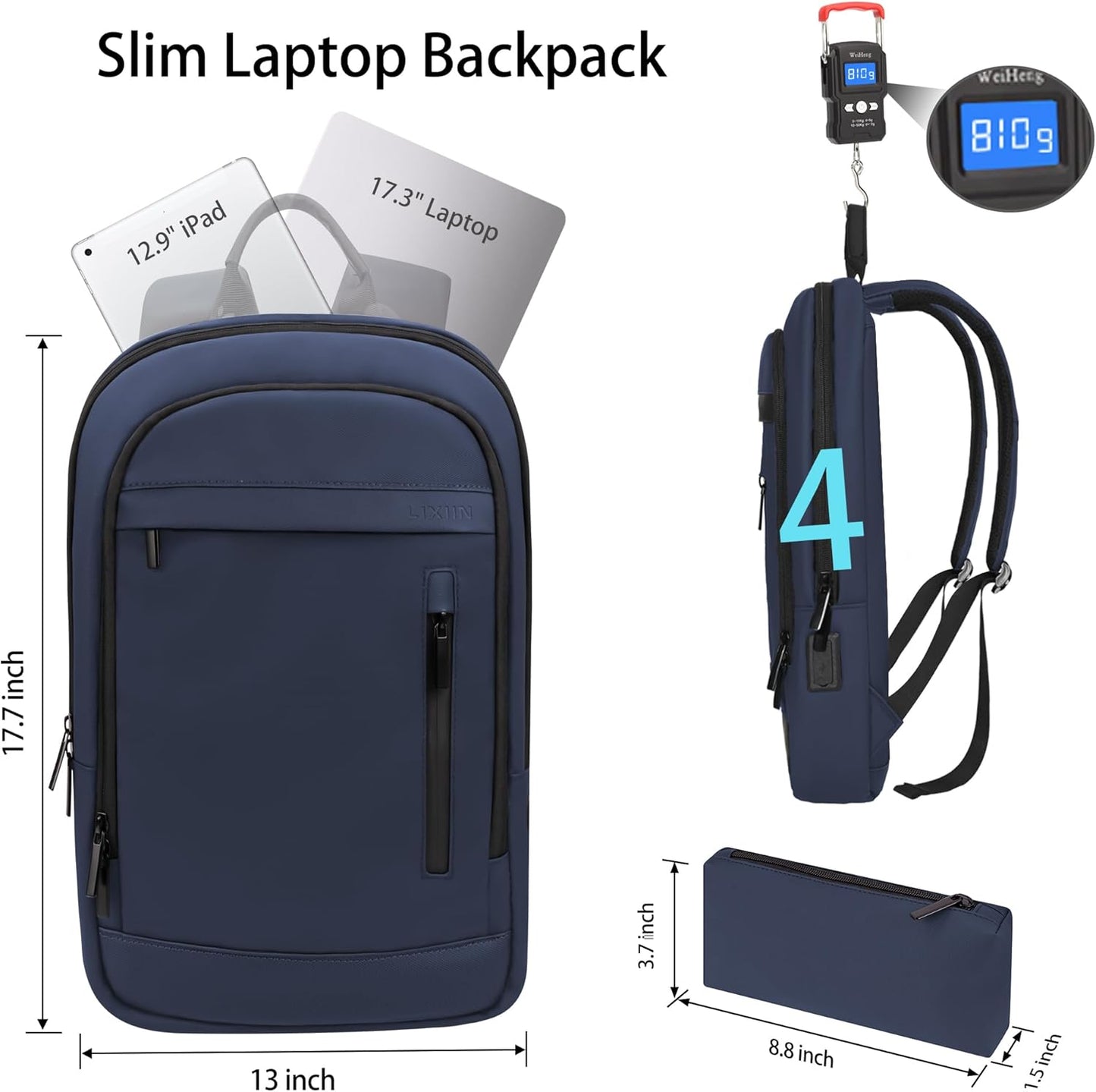Business Backpack for Men Lightweight Commute Laptop Backpack Anti-Theft Water Resistant Backpack for 17.3 Inch Computer for Daily Office Work with Small Bag (Blue)