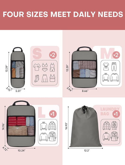 6 PCS Set Compression Packing Cubes for Travel, Lightweight Packing Organizer Bags Travel Essentials for Carry On, Suitcase, Home Closet - Grey