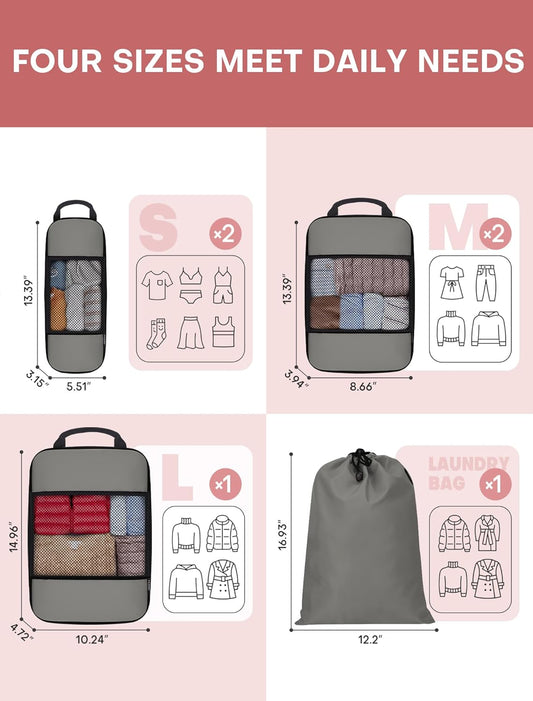 6 PCS Set Compression Packing Cubes for Travel, Lightweight Packing Organizer Bags Travel Essentials for Carry On, Suitcase, Home Closet - Grey