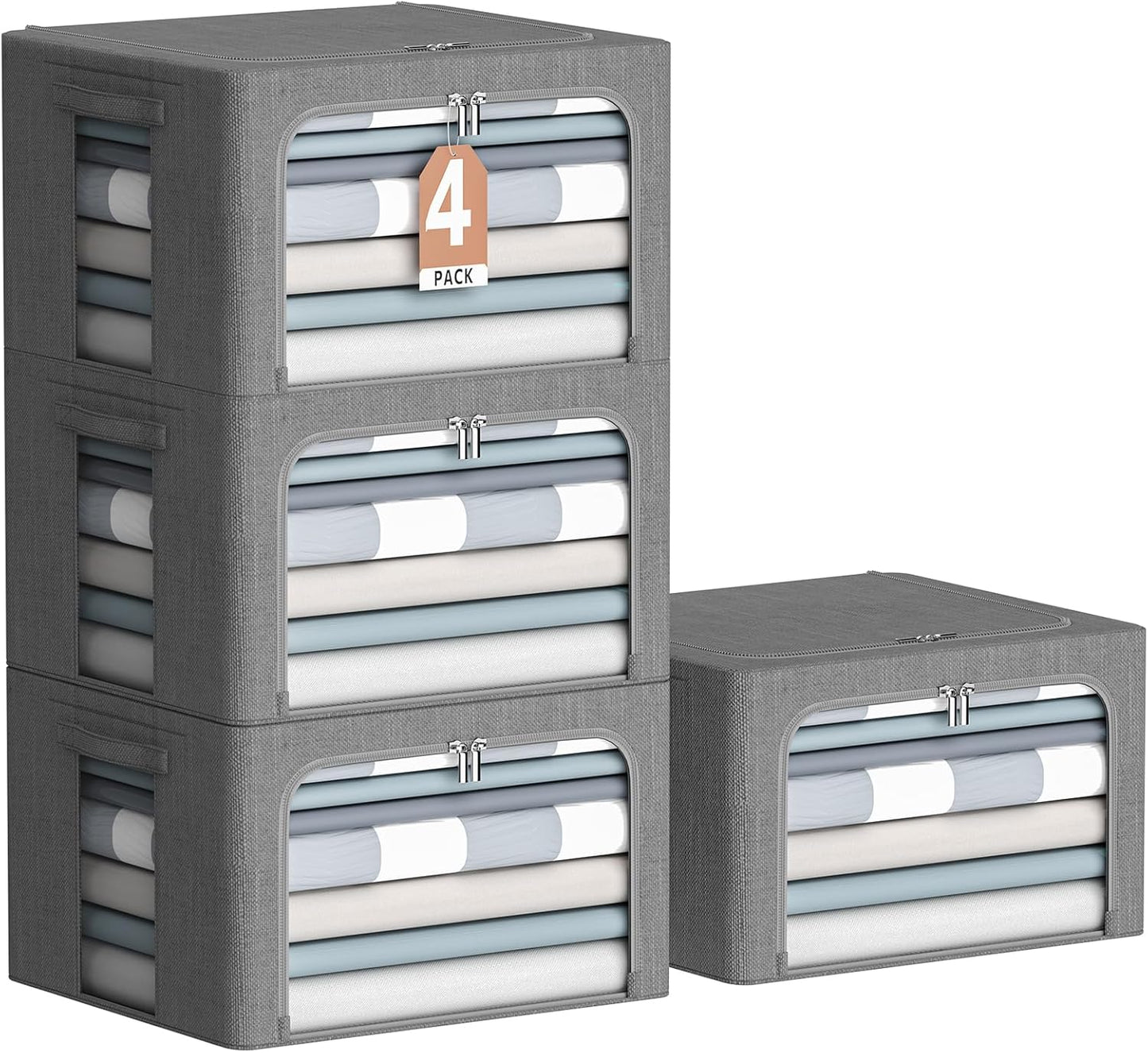 4 Pack Clothes Storage Bins with Metal Frame - Linen Fabric Foldable Stackable Container Organizer Set with Clear Window & Carry Handles & Zippers (Dark Gray, 15.7"x11.8"x7.8")