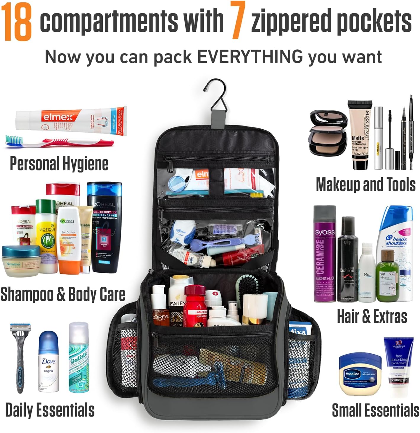 VENTURE 4TH Hanging Travel Toiletry Bag for Women & Men - Travel Organizer with Expandable Compartments & Removable Clear Pouch for Toiletries (Gray)