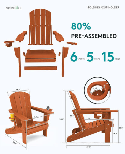 SERWALL Adirondack Chair with Cup Holders - Composite Adirondack Chairs HDPE Outdoor Chairs All Weather Use- Orange