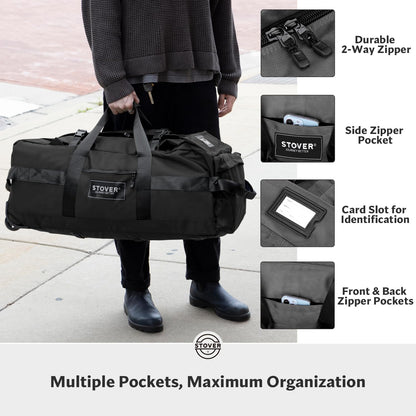 STOVER 100L Rolling Duffel Bag with Wheels, X-Large 32 Inch Durable Travel Duffle + Toiletry Bag, Heavy Duty, Packable w/Shoulder Straps- Use as Luggage or Backpack, Men/Women (Black)