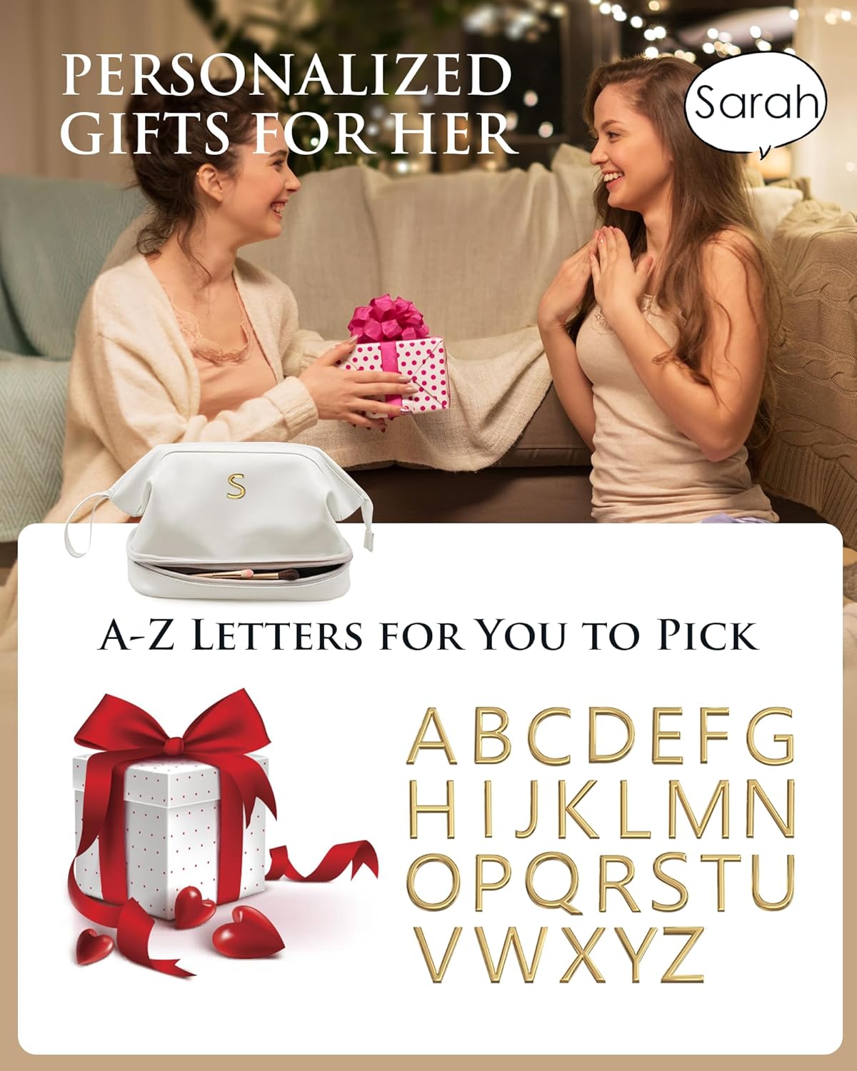 Gifts for Girls, Initial Large Makeup Bag, Personalized Double Layer Cosmetic Bag with Makeup Brush Organizer, PU Leather Travel Toiletry Bag Gift For Daughter, Preppy Things For Girls