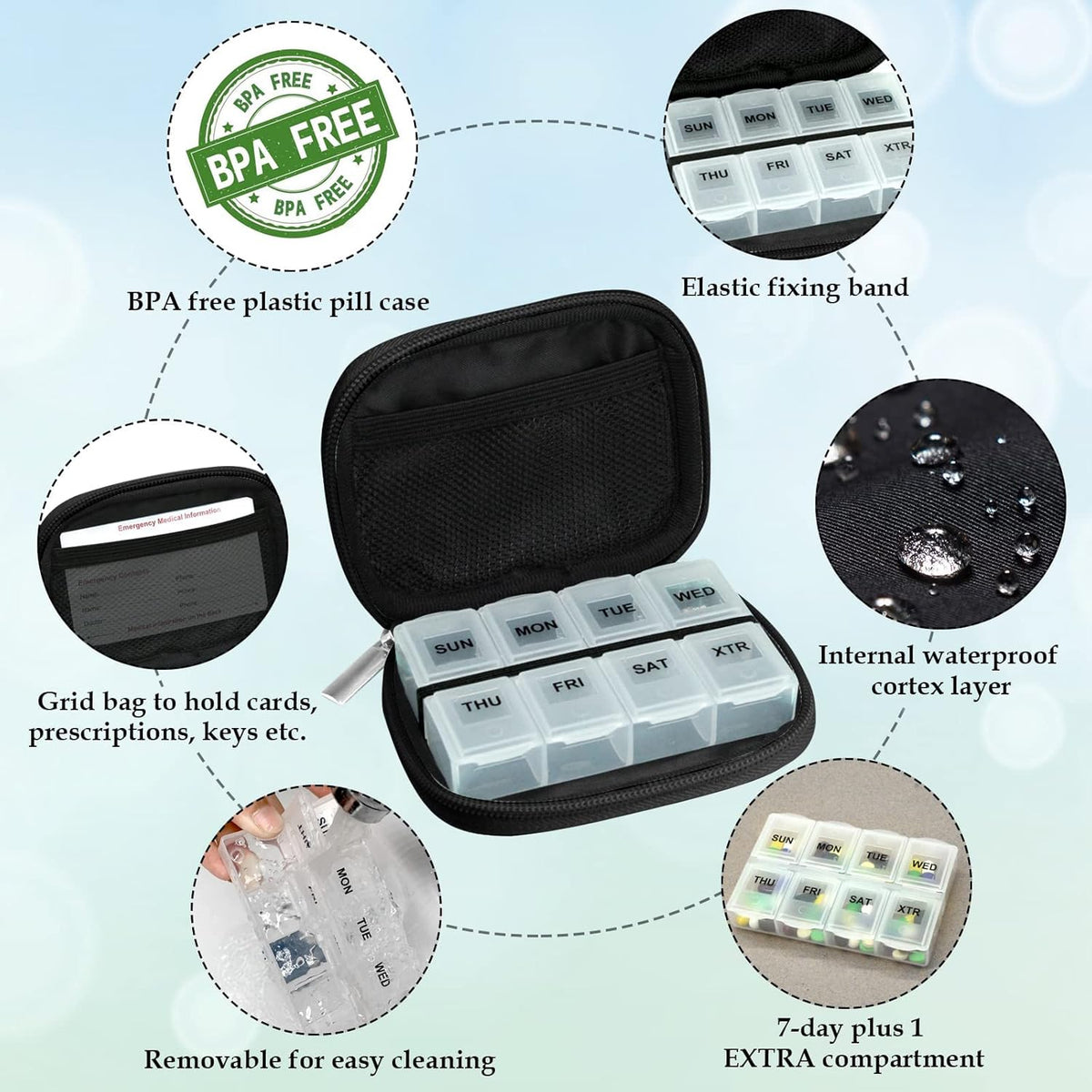 Serfeymi Weekly Travel Pill Organizer Pill Case for Purse with Removable 7 Day Pill Box, Fashionable Travel Medicine Organizer Pill Container for Medicine, Vitamin, Supplement - Brown 02 + Pill Box