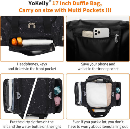 17 inch Small Duffle Bag - Carry On Weekender Bag for Travel Gym Sport - Black Marble