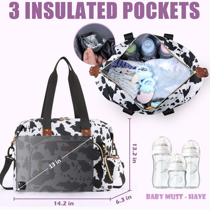 Tuwubi Diaper Bag Tote,Baby Diaper Bag with Pacifier Case Large Travel Diaper Tote Caddy for Mom and Dad Multifunction Large Baby Bag - M-Cow Print