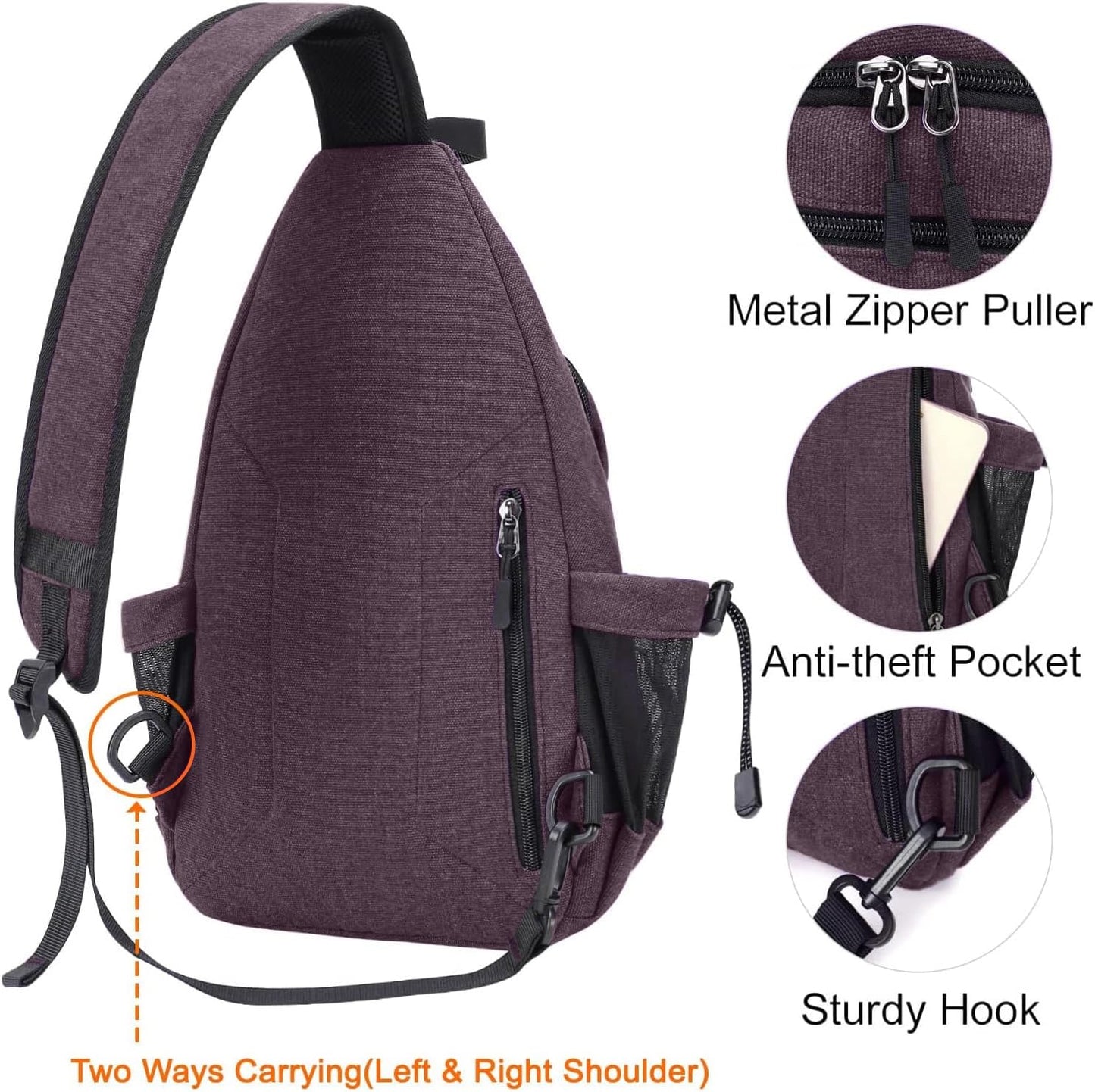 MOSISO Sling Backpack,Canvas Crossbody Hiking Daypack Bag with Anti-theft Pocket, Rose Brown