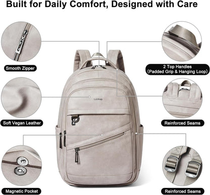 43L Backpack for Women Men - Vegan Leather Backpack Purse Travel Carry-on Bag College Bookbag Work fits 17" Laptop,Ash Gray Retro