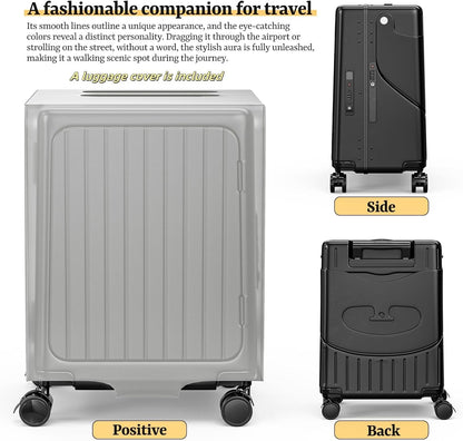 Hardshell Carry On Suitcase with Child Seat, Black Travel Luggage with Front Compartment & 4 Lockable Spinner Wheels, TSA Lock, USB Port, Luggage Cover, Safty Seatbelt (Front-Opening Black, 20 Inch)