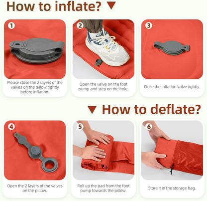 Camping Sleeping Pad, Extra Thick 5 Inch Camping Mat with Pillow Built-in Foot Pump Inflatable Sleeping Pads Compact for Camping Backpacking Hiking Traveling Tent（Orange-Black）