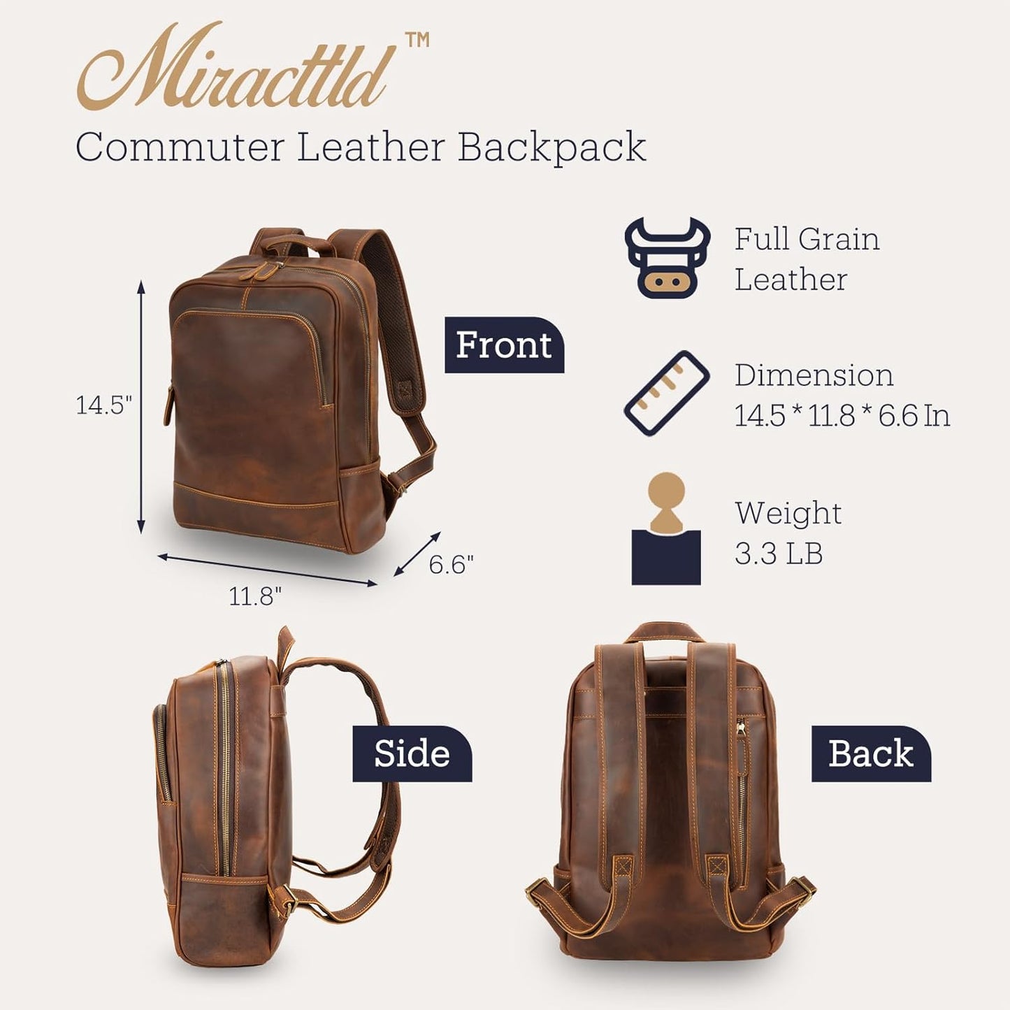 Leather Backpack for Men 15.6" Laptop Backpack 100% Madagascar top-Grain Leather Backpack Brown Medium Size