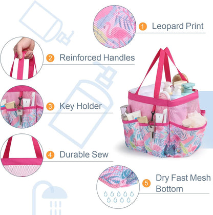 F-color Shower Caddy Portable - Mesh Shower Bag Basket Tote for College Dorm Room Essentials Bathroom Gym Camp Quick Dry for Women Men with S Hook, Pink Flamingo