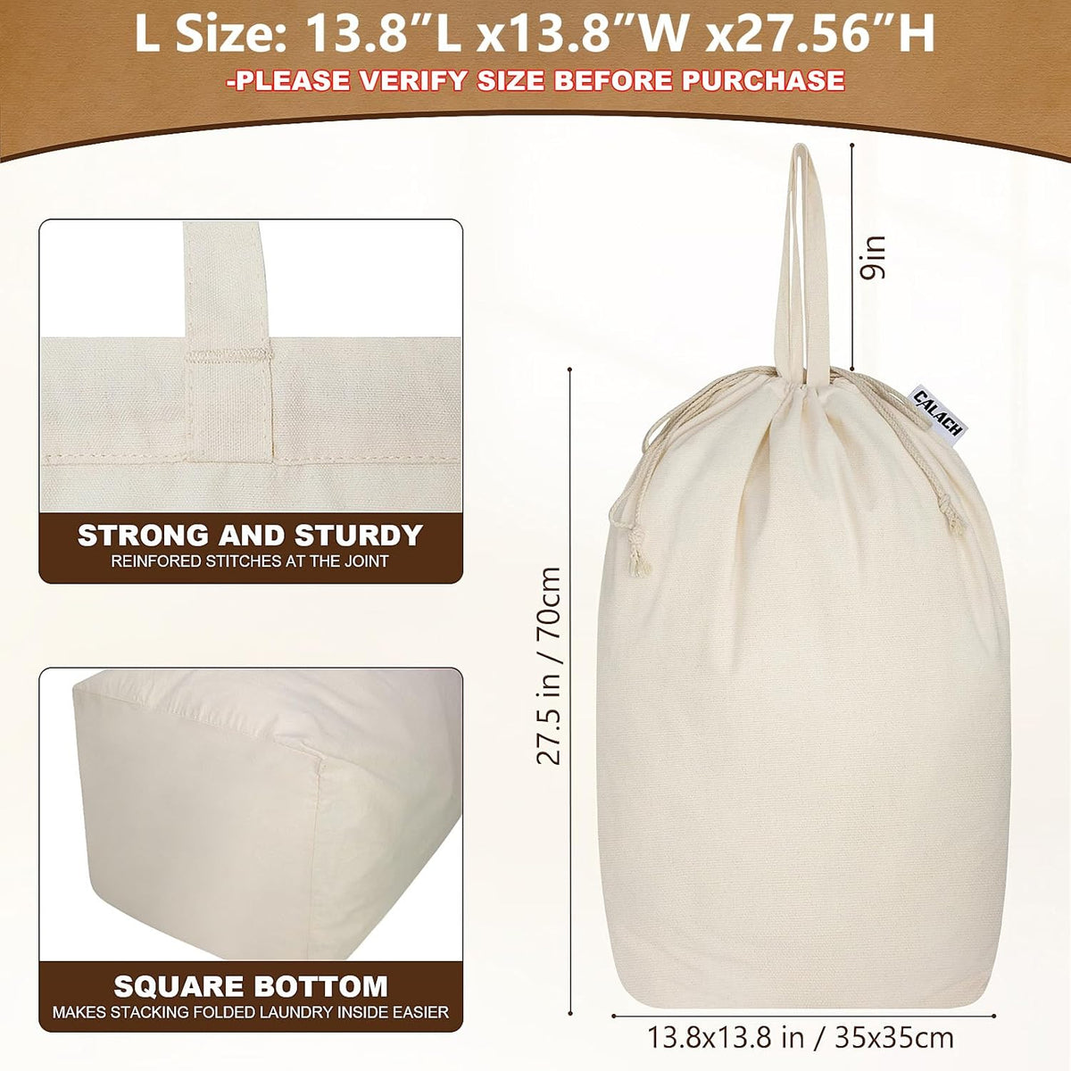 Canvas Laundry Bags with Handles & Square Base 13.8"x 13.8", Large Heavy Duty Laundry Basket Hamper Liner, College Dorm Washable Drawstring Cotton Dirty Clothes Bag (Beige,1 Pack)