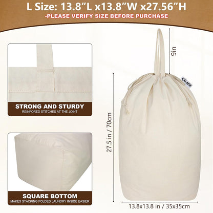 Canvas Laundry Bags with Handles & Square Base 13.8"x 13.8", Large Heavy Duty Laundry Basket Hamper Liner, College Dorm Washable Drawstring Cotton Dirty Clothes Bag (Beige,1 Pack)