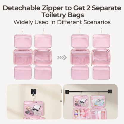 Hanging Travel Toiletry Bag for Women Detachable Toiletry Bag with 6 Compartments Large Makeup Bag Cosmetic Organizer for Bathroom Shower Business Trips Camping, Pink
