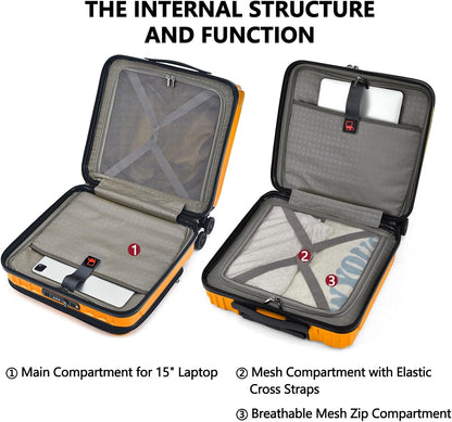 TydeCkare 16" Carry on Luggage with 2 Laptop Compartments, Lightweight Hardshell ABS+PC Suitcase with Dual Control TSA Lock, with YKK Zipper, 4 Spinner Silent Wheels, for Business Travel, Orange