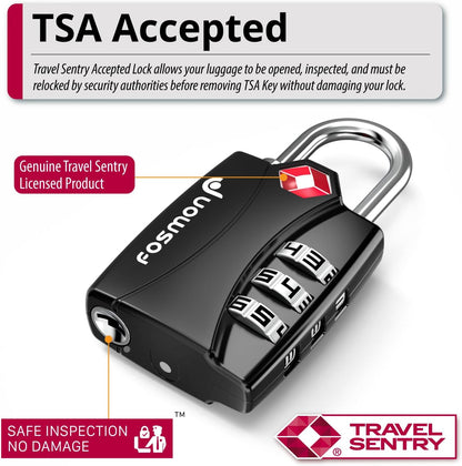 Fosmon Luggage Locks TSA Approved 6 Pack, Suitcase Locks with Open Alert Indicator, 3 Digit Combination Padlock with Alloy Body for Travel, Backpack Zipper Anti Theft, Locker, Gym, Gun Case- Black