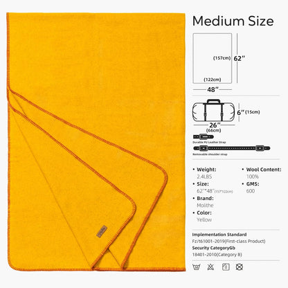 100% Wool Blanket, 48" x 62", Warm, Thick, Washable, Military Wool Blanket, Great for Camping, Outdoors, Sporting Events, Survival Kits, Yellow