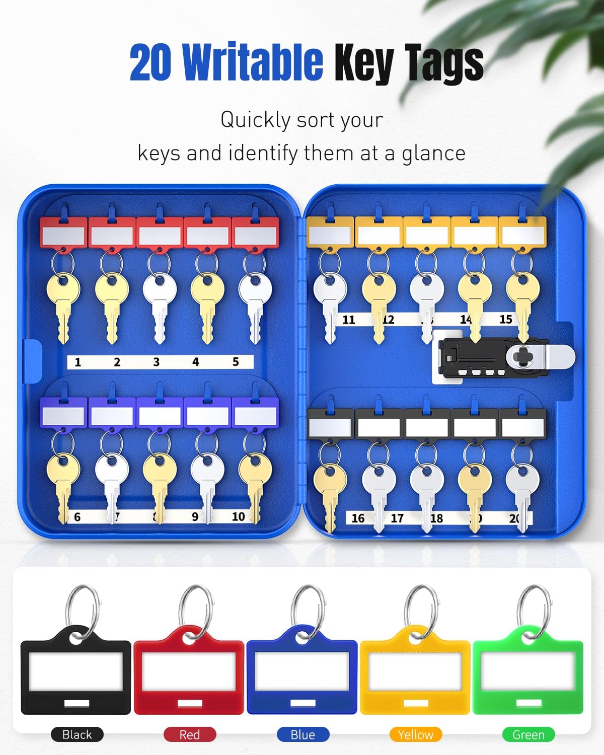 Uniclife 20 Keys Key Lock Box with Code, Wall Mount Lock Box for Keys with Code, Key Organizer with Tags, Key Cabinet, Key Storage Box for Home Office & Company, Blue