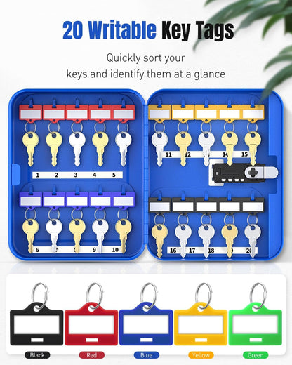 Uniclife 20 Keys Key Lock Box with Code, Wall Mount Lock Box for Keys with Code, Key Organizer with Tags, Key Cabinet, Key Storage Box for Home Office & Company, Blue