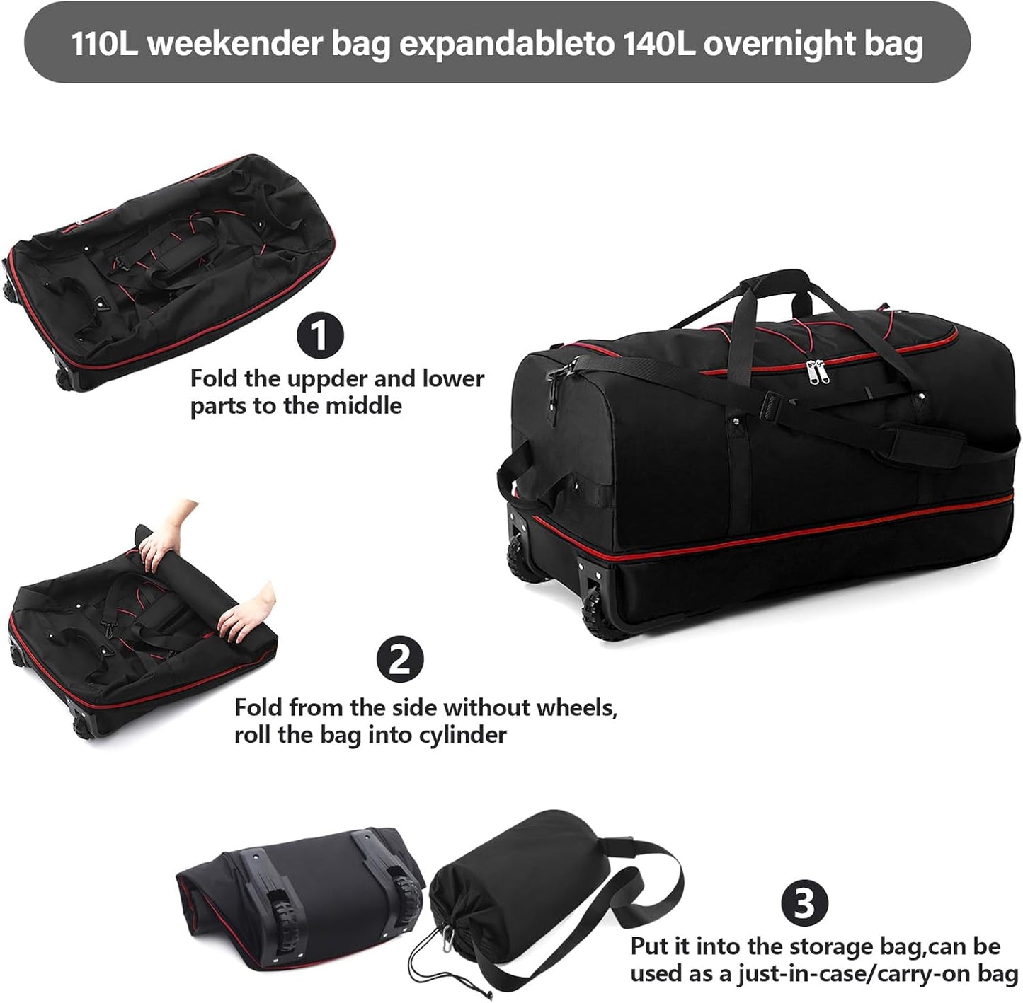 Rolling Duffle Bag with Wheels,110L/140L Expandable Soft-Sided Foldable Duffle Bag with 2 Rubber Wheels,Packable 32” Rolling Carry-On with Multi-Pockets & Compartments (Black Red)