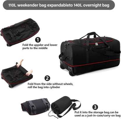 Rolling Duffle Bag with Wheels,110L/140L Expandable Soft-Sided Foldable Duffle Bag with 2 Rubber Wheels,Packable 32” Rolling Carry-On with Multi-Pockets & Compartments (Black Red)