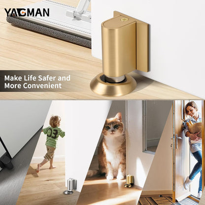 3 Pack Magnetic Door Stoppers Retractable Bottom of Door Holder No Drilling Mount Floor Door Stop with Screws and Adhesive Catch Door Keep Door Open Brushed Gold BG-3
