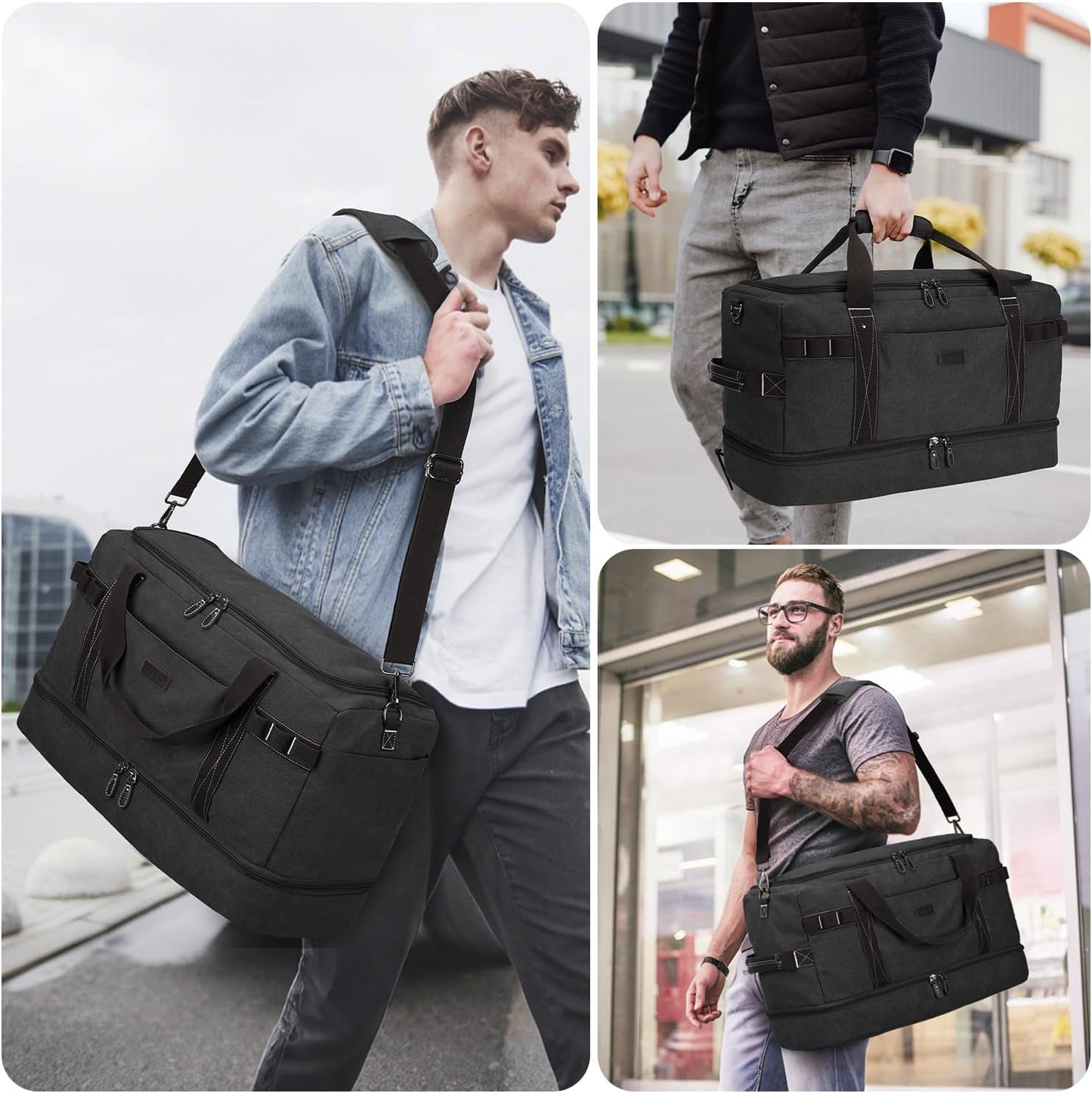 ZOMFELT Travel Duffle Bag for Men, Waterproof Canvas Overnight Duffel Bag with Removable Dividers & Shoe Compartment, Carry On Weekender Gym bag, Multi-Pocket & Vintage Design (Washed Black)