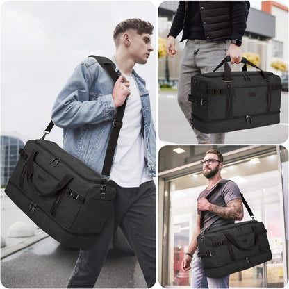 ZOMFELT Travel Duffle Bag for Men, Waterproof Canvas Overnight Duffel Bag with Removable Dividers & Shoe Compartment, Carry On Weekender Gym bag, Multi-Pocket & Vintage Design (Washed Black)