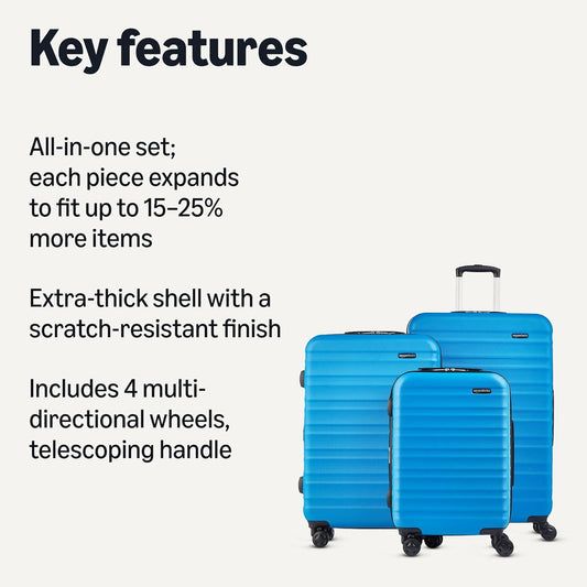 Amazon Basics 3-Piece Set (21", 26", 30"), Hardshell Suitcases With Wheels, Expandable For Up to 25% More Space, With Scratch-Resistant Surface, Four Multi-directional Wheels, Light Blue