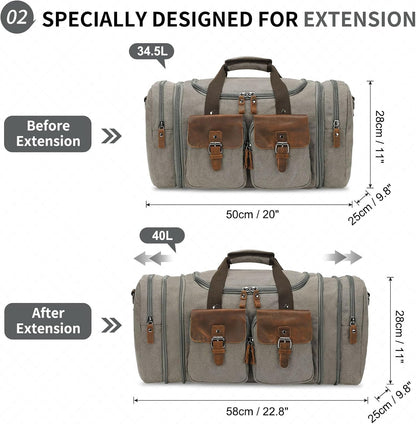 Canvas Duffle Bag with Genuine Leather Accents, Expandable 20-23 Inch Travel Weekender, Multiple Pockets, Gray