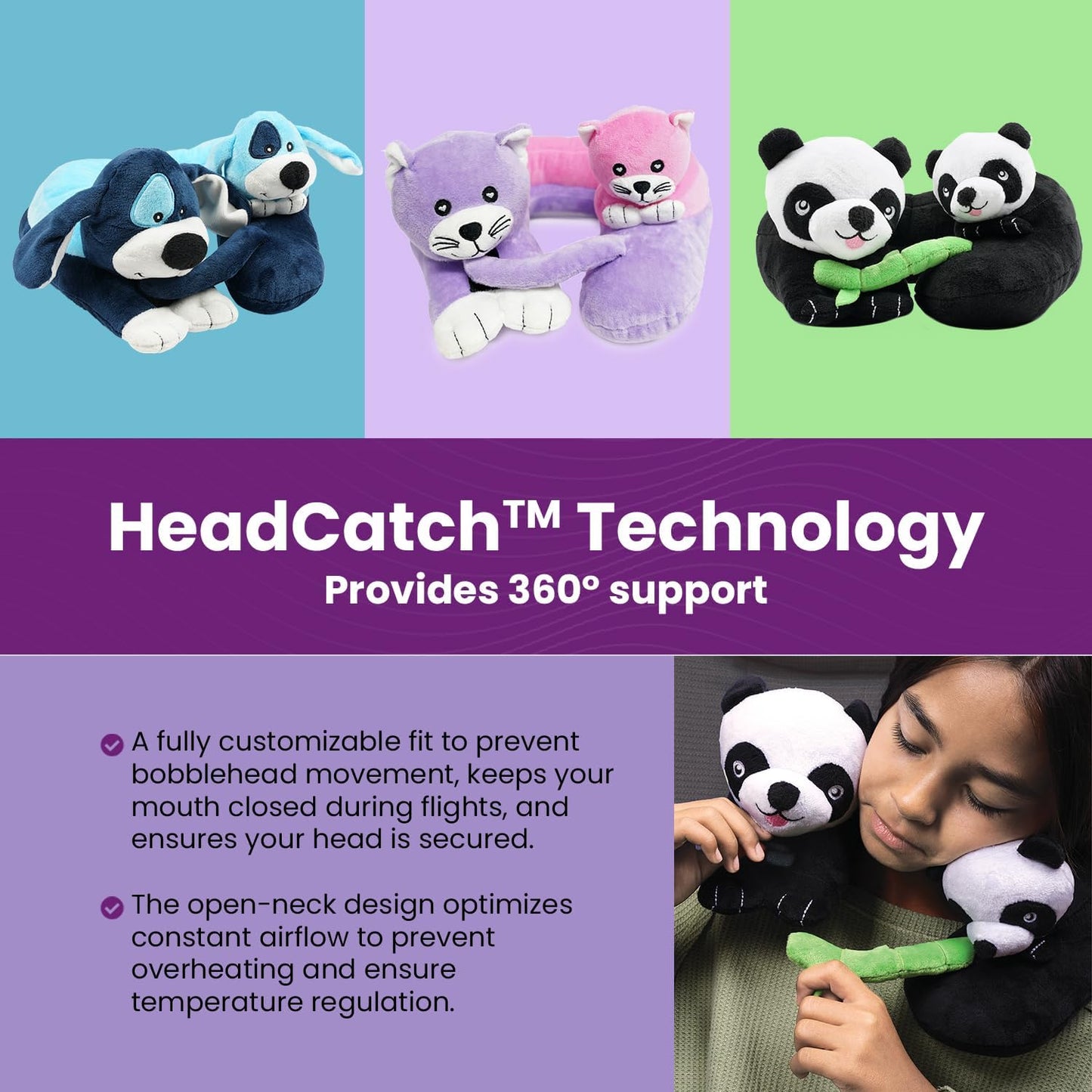 Cabeau Airplane Travel Pillow for Kids – Evolution Kids – Neck Support for Sleeping on Airplanes, Trains, and Cars – Cute, Cozy, and Cuddly Animal Pal for On-The-Go Journeys - (Pandas)
