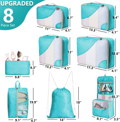 8 Set Packing Cubes for Travel, Gifts for Women Mom,Anti-Tearing Suitcase Organizer for Luggage with Shoe & Hanging Toiletry Bag,OlarHike Vacation Essentials & Accessories for Cruise Ship,Teal