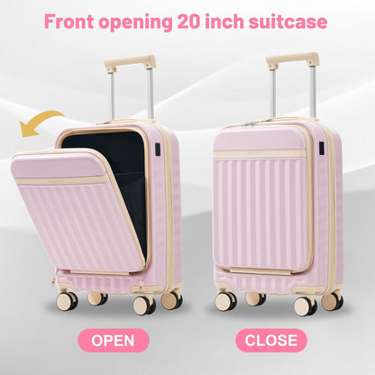Merax Luggage Sets Front Opening, 2 Piece Hardshell Suitcase with Spinner Wheels and Bags,Lightweight Carry on Luggage with USB Port,20+24,Pink