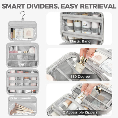 Toiletry Bag For women,Portable Hanging Organizer,4 Leakproof Compartment for full-sized Conditioner, Brushes Set, Makeup Accessories,Visible and easy to access.L-grey