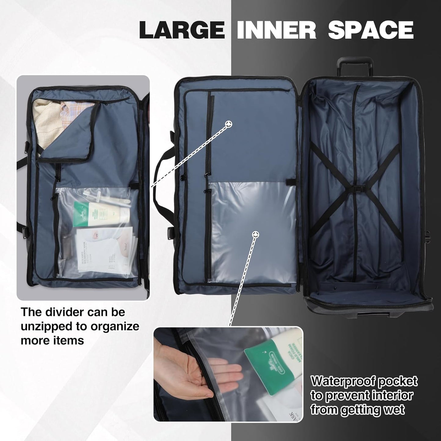 REDCAMP Large Rolling Duffle Bag with Wheels and Handle, 30-Inch Durable Heavy Duty Wheeled Travel Duffel Luggage, 2 Layers of Space