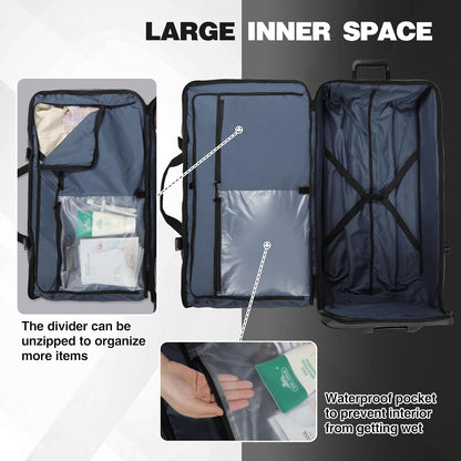 REDCAMP Large Rolling Duffle Bag with Wheels and Handle, 30-Inch Durable Heavy Duty Wheeled Travel Duffel Luggage, 2 Layers of Space