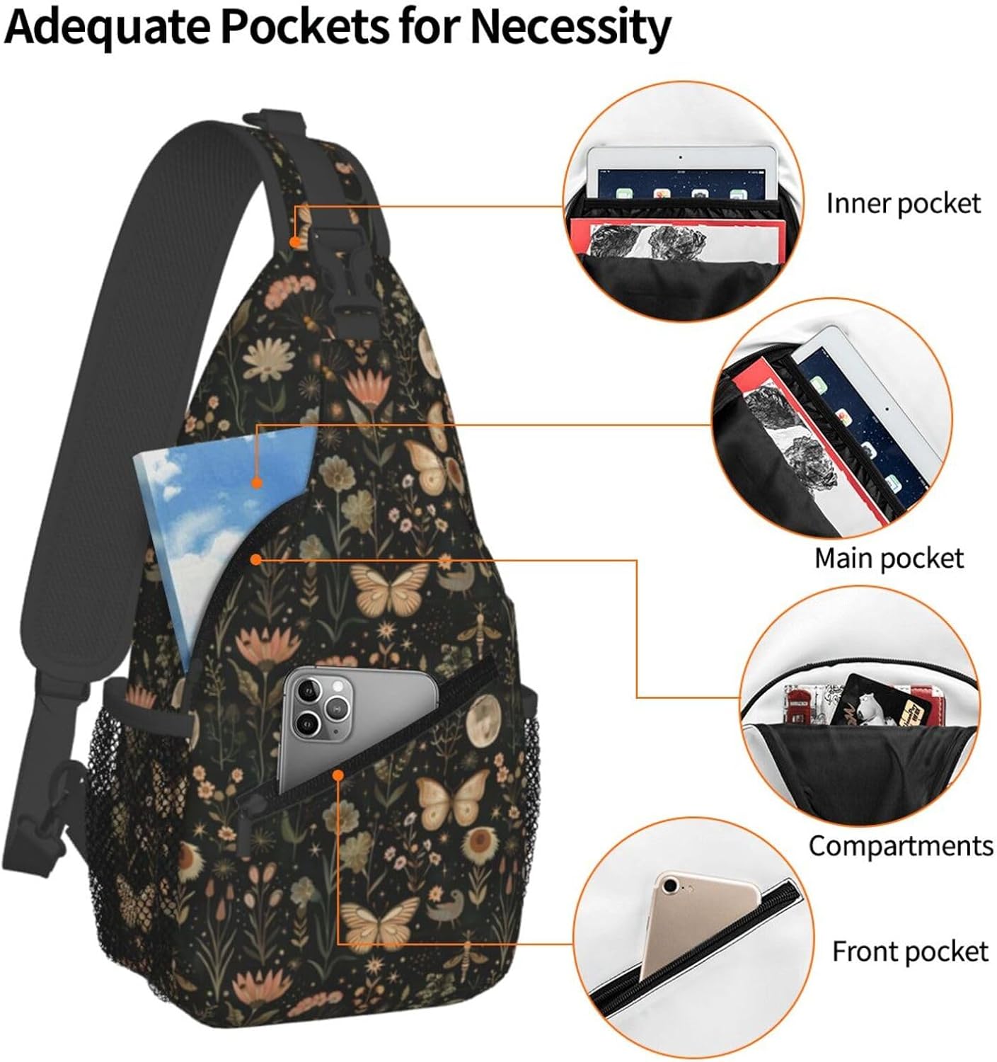 SUPLUCHOM Sling Bag Vintage Butterfly Moon Flower Hiking Daypack Crossbody Shoulder Backpack Travel Chest Pack for Men Women
