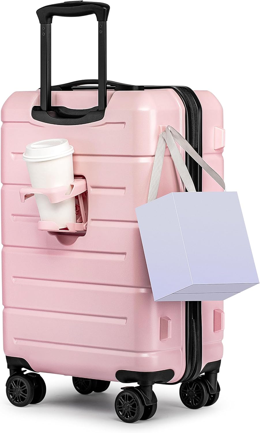 KYME Pink Hardside Carry On Luggage 22x14x9 Airline Approved with TSA Lock Hardshell Carry-On Suitcase with Wheels Travel Rolling 22 inch Luggage with Cup Holder for Women