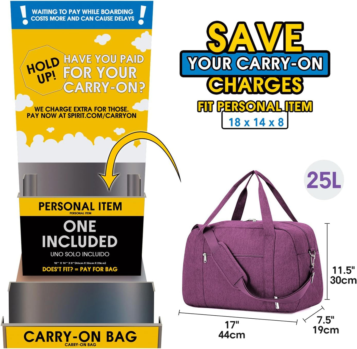 Narwey 18" Carry on Bag Underseat for Airplane with Wet Pocket Spirit Airlines Personal Item Bag Travel Duffel Bag Small Gym Bag Weekender Overnight for Women and Men (Dark Purple)