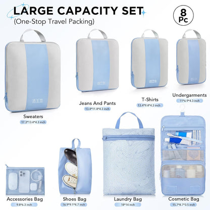 8 Set Compression Packing Cubes for Travel Essentials,Compressible Expandable Packing Cubes for Suitcase,OlarHike Luggage Organizer Bags for Travel,Handy Helper for Organizing Clothes(Light Blue)