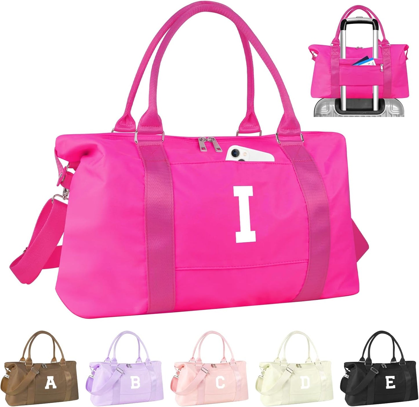 Overnight Bag for Kids Teen Girls Weekender Dance Bag Birthday Graduation Gifts,Initial Travel Duffel Bag Sports Gym Bag Personalized Weekender Bag Carry On Bags Preppy Gifts for Women(Hot Pink, I)