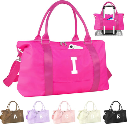 Overnight Bag for Kids Teen Girls Weekender Dance Bag Birthday Graduation Gifts,Initial Travel Duffel Bag Sports Gym Bag Personalized Weekender Bag Carry On Bags Preppy Gifts for Women(Hot Pink, I)