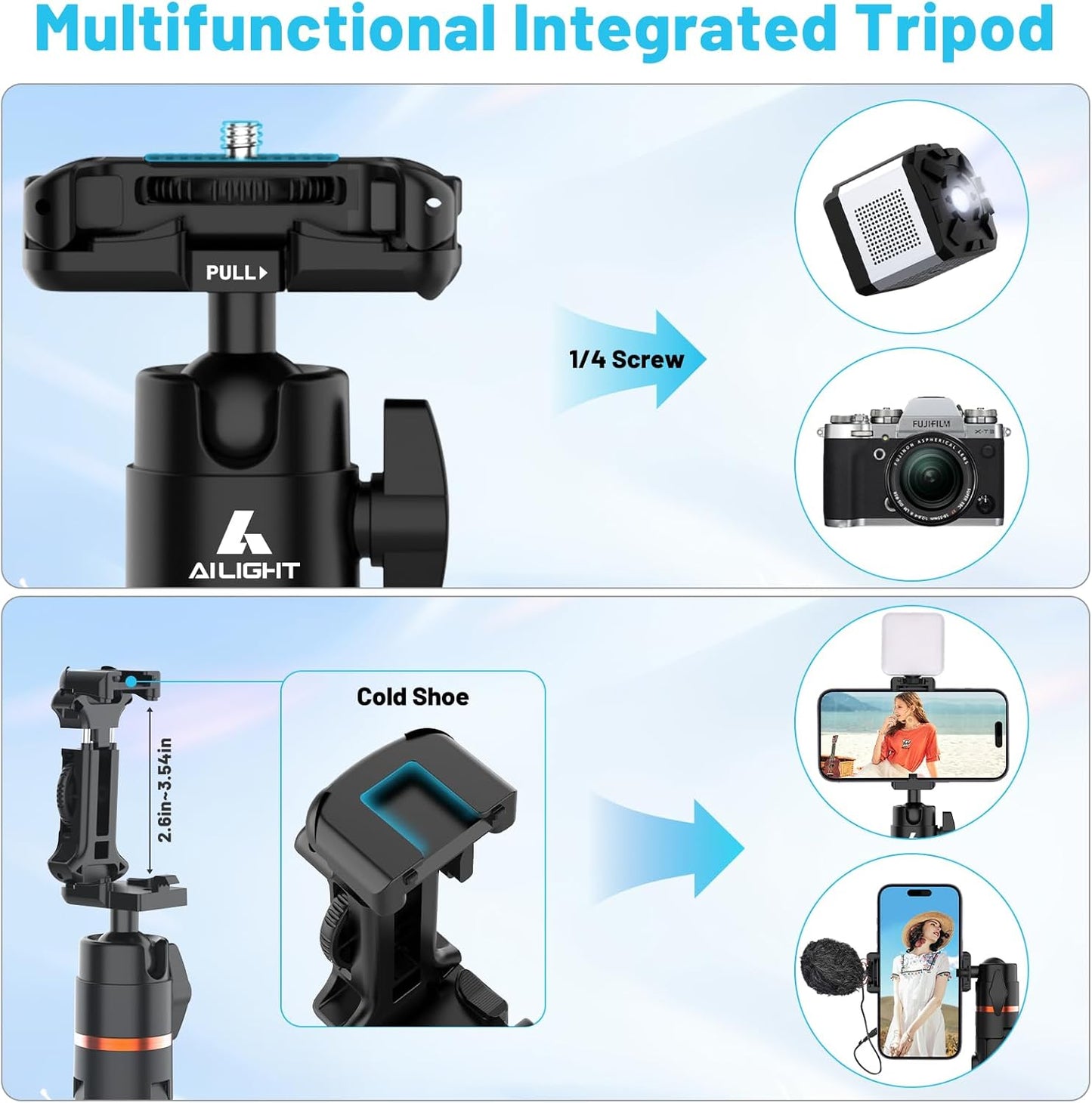 Ailight 60" Extendable Travel Tripod & Selfie Stick with Cold Shoe & Wireless Remote, 360° Ball Head for Vlogging - Lightweight Phone Tripod for iPhone